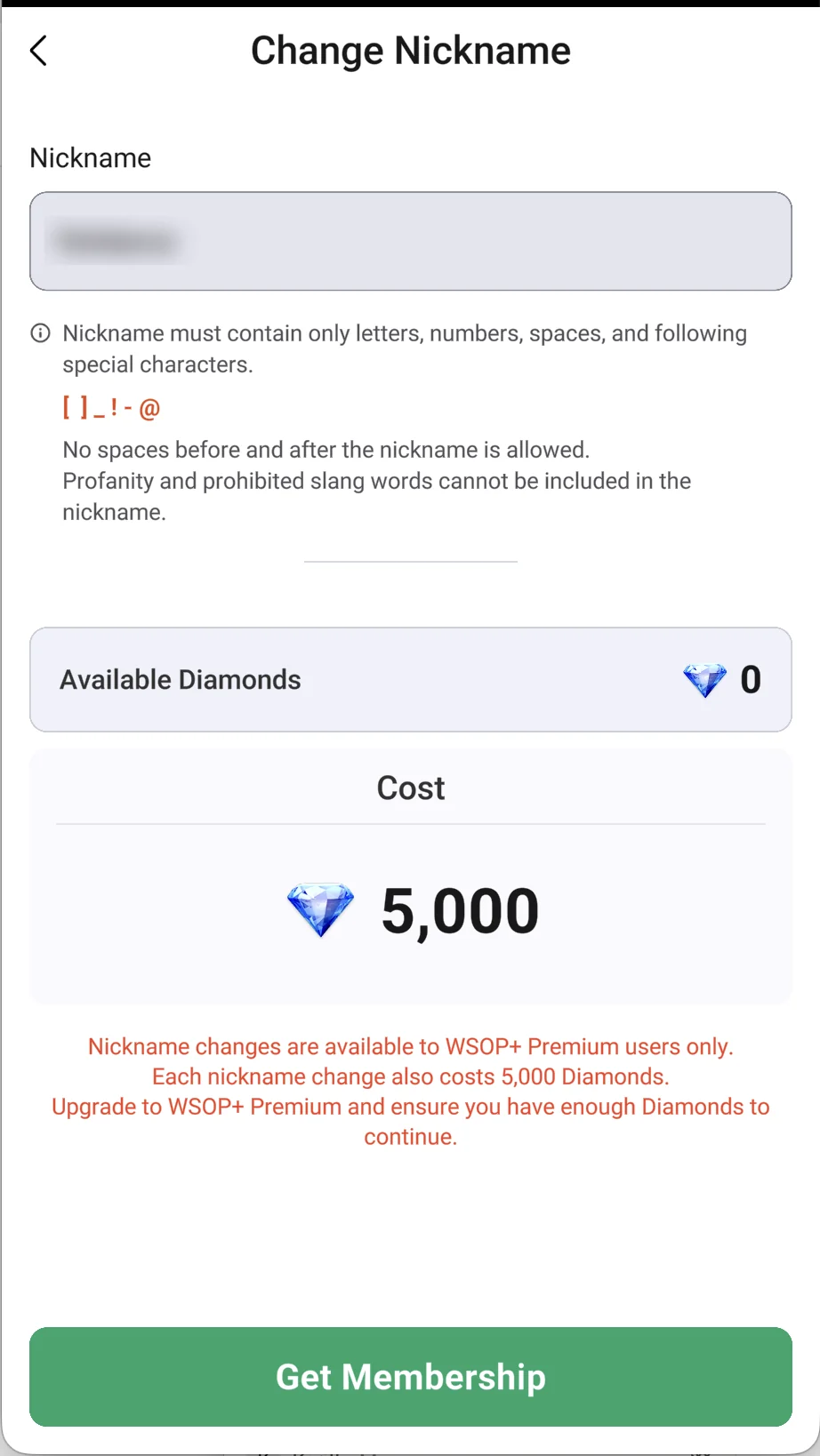 Change Nickname: Premium only, 5,000 Diamonds
