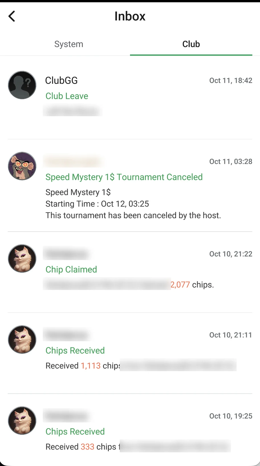 The “Club” tab: chips received and requested, tournament cancelled, left club