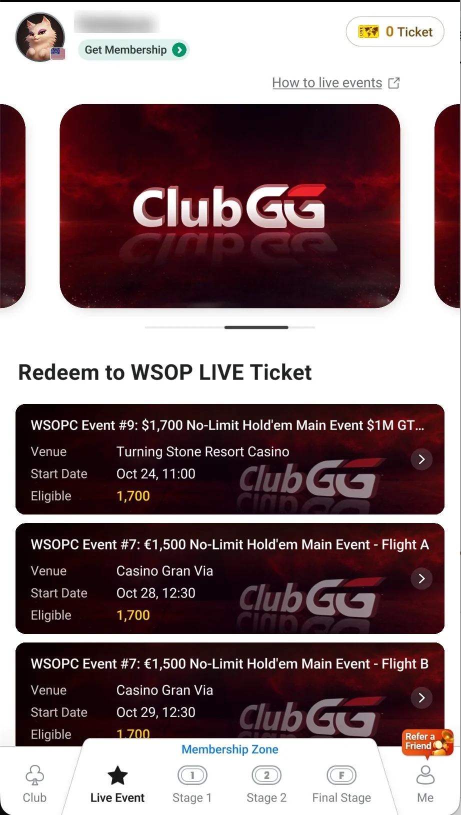 Live Event: WSOP Circuit events with venue, date and cost
