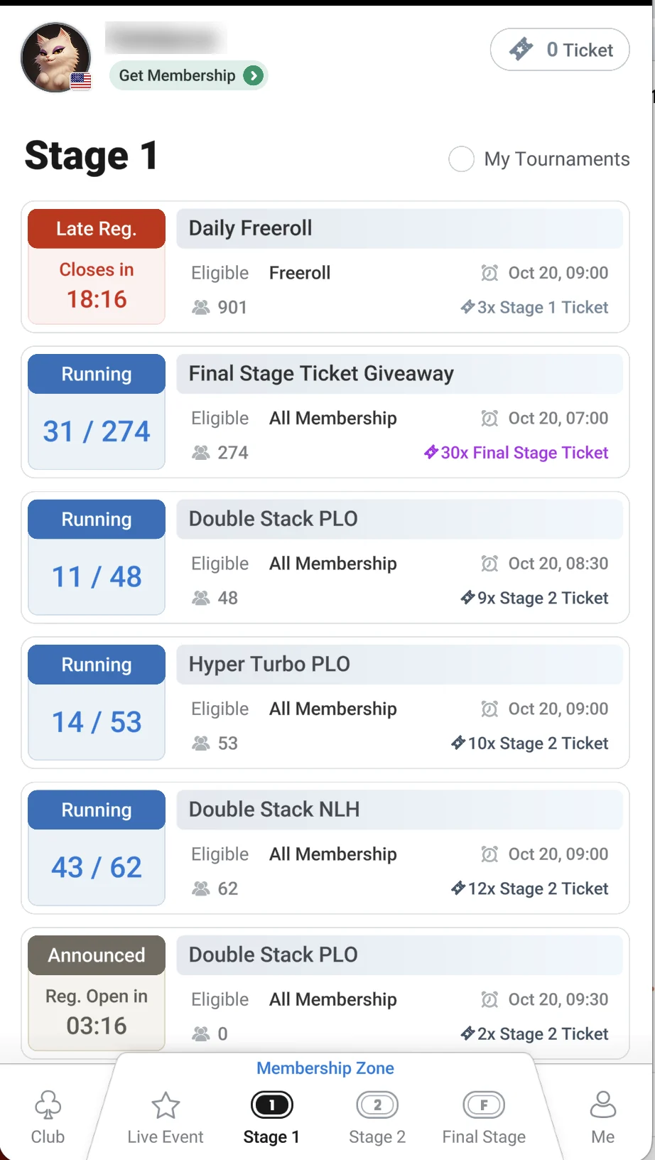 Stage 1: freerolls and qualifiers for Stage 2 tickets
