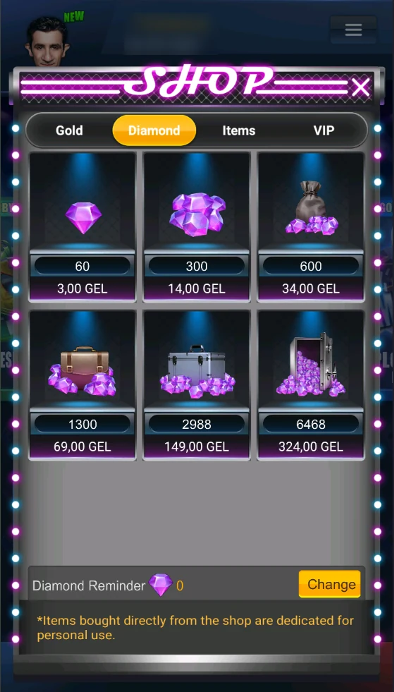 Diamond: packs from 60 to 6,468 diamonds