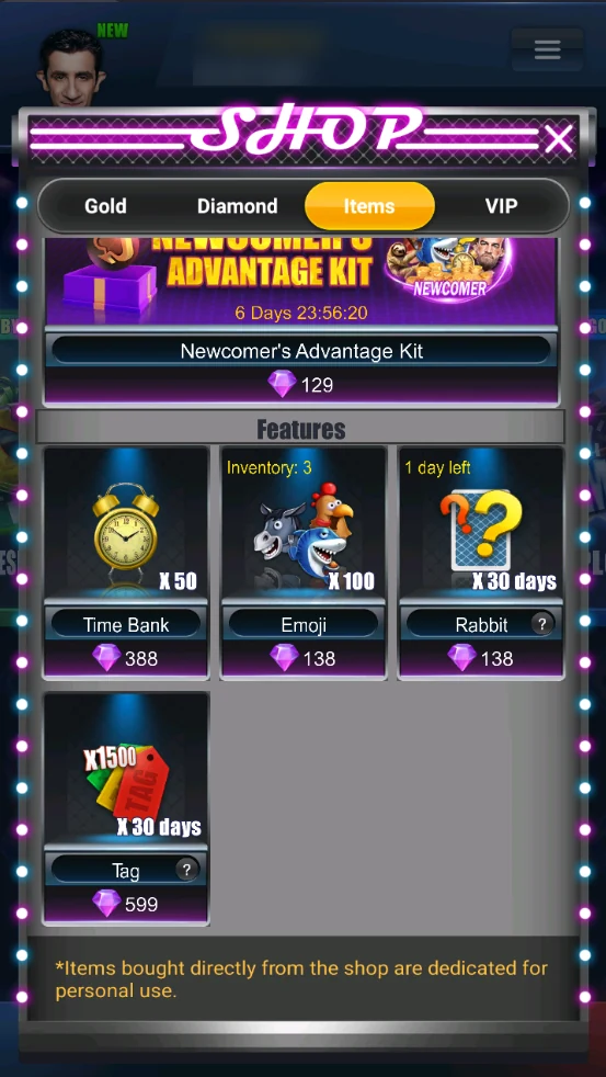 Items: time bank, emoji, Rabbit, tags