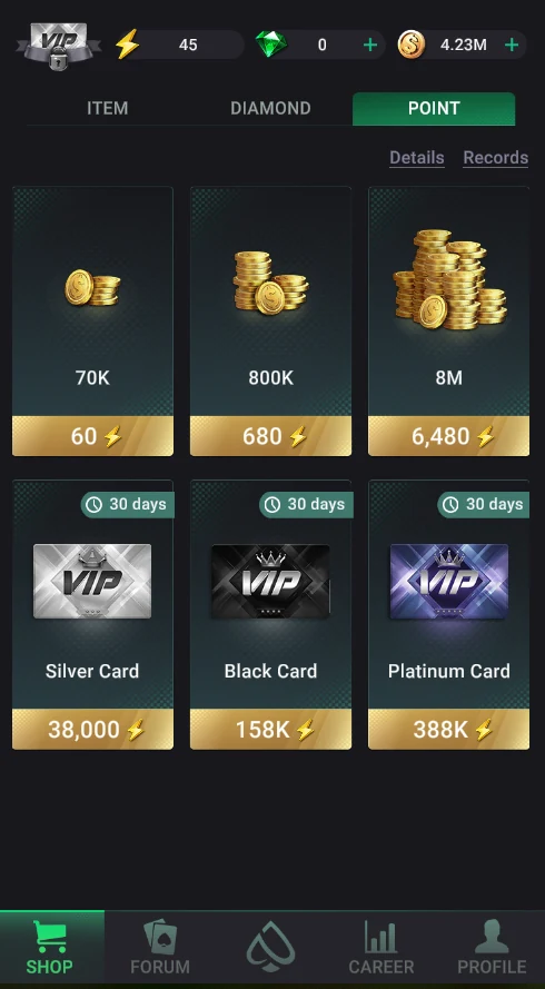 VIP cards for ⚡ points on the POINT tab