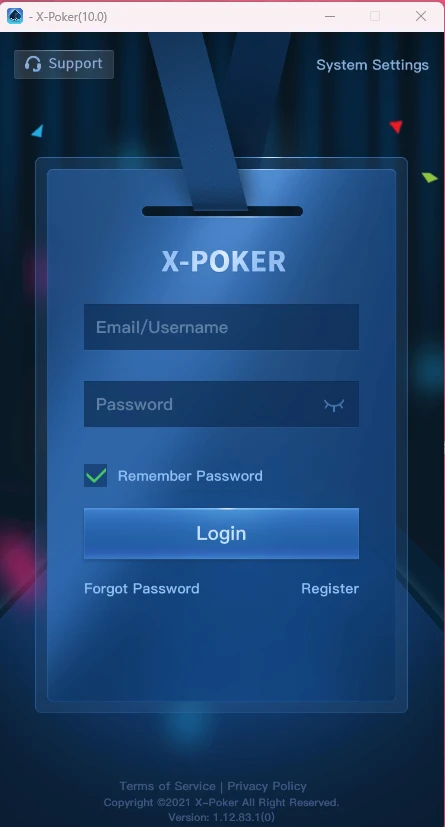 X-Poker: Login screen: click Register