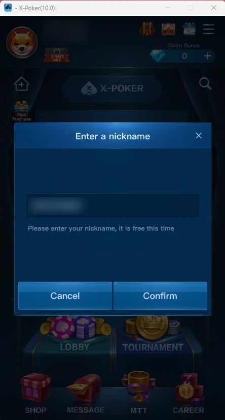 X-Poker: Set a nickname — the account is ready