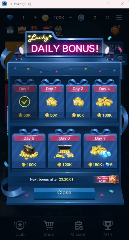 Daily Bonus: 7 days in a row — from 50K gold to 150K + 5 diamonds