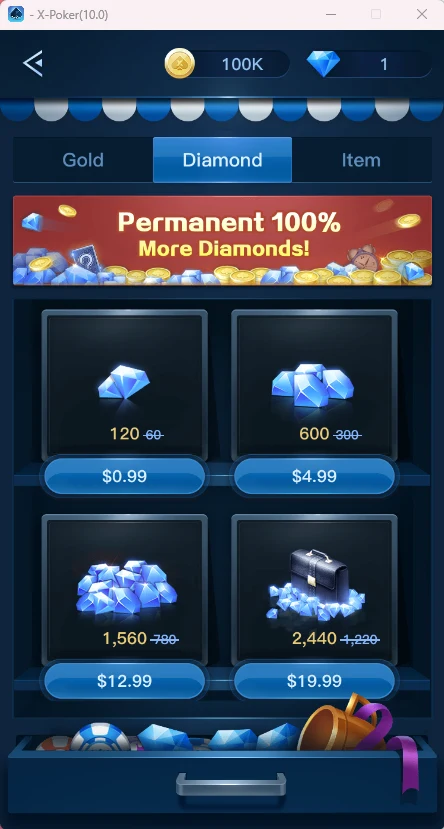 Diamond: packs from $0.99 with the “Permanent 100% More Diamonds” doubling