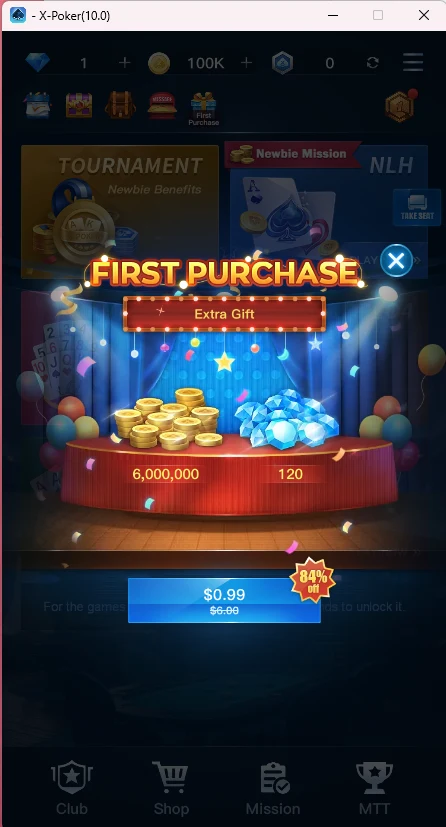 First Purchase: 6,000,000 gold and 120 diamonds for $0.99 instead of $6