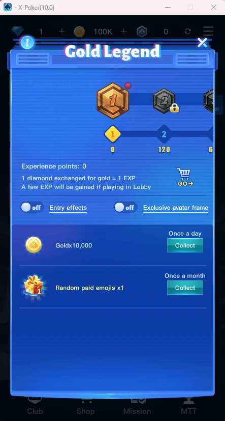 Gold Legend: levels for EXP, 10,000 gold once a day