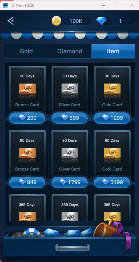 Item: Bronze, Silver and Gold VIP cards for 30, 90 and 365 days