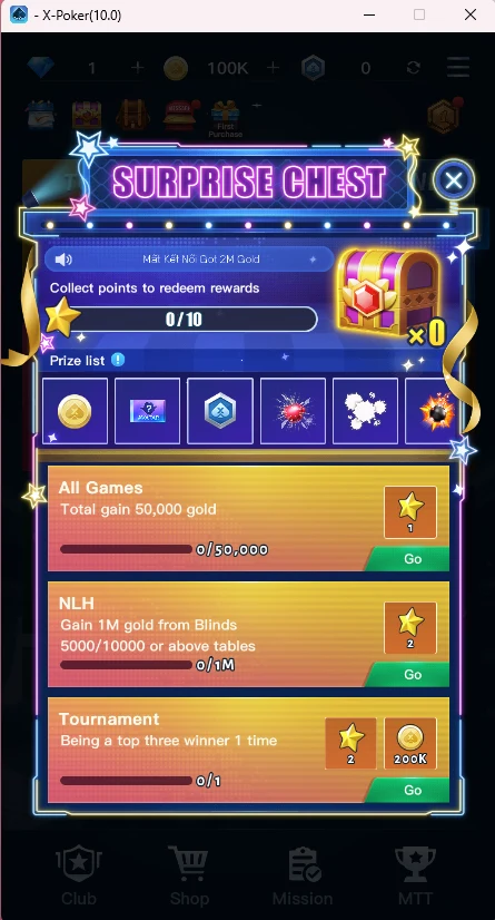 Surprise Chest: stars for missions, 10 stars open a prize chest