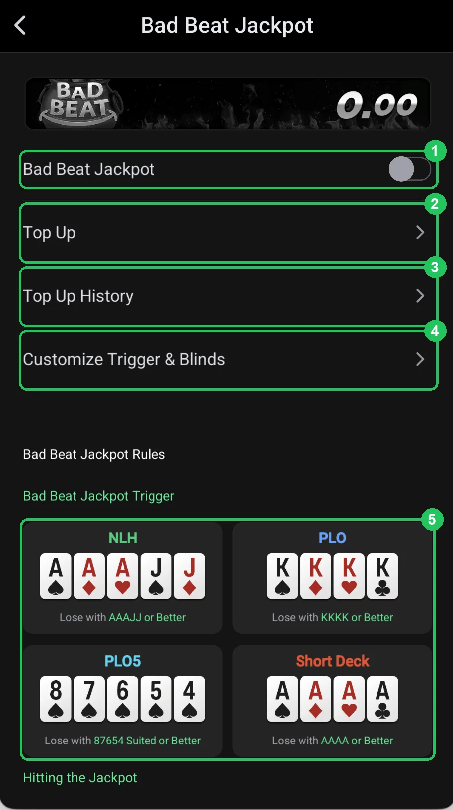 ClubGG: Bad Beat Jackpot screen: toggle, top-up, settings and triggers.