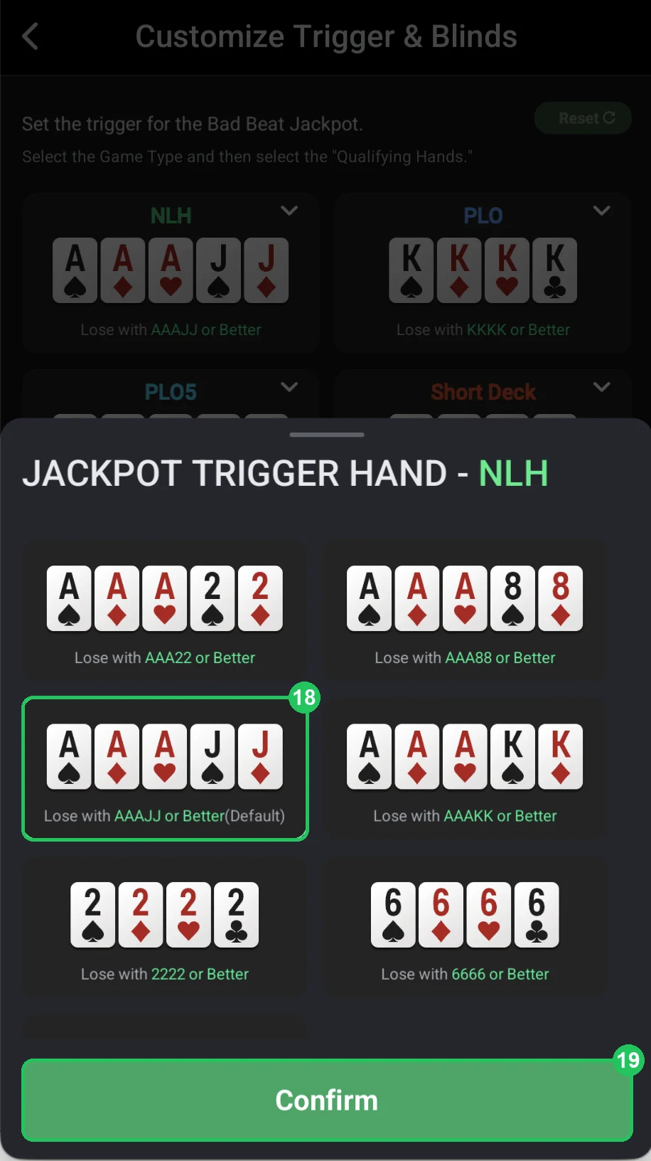 ClubGG: Choosing the NLH trigger hand.