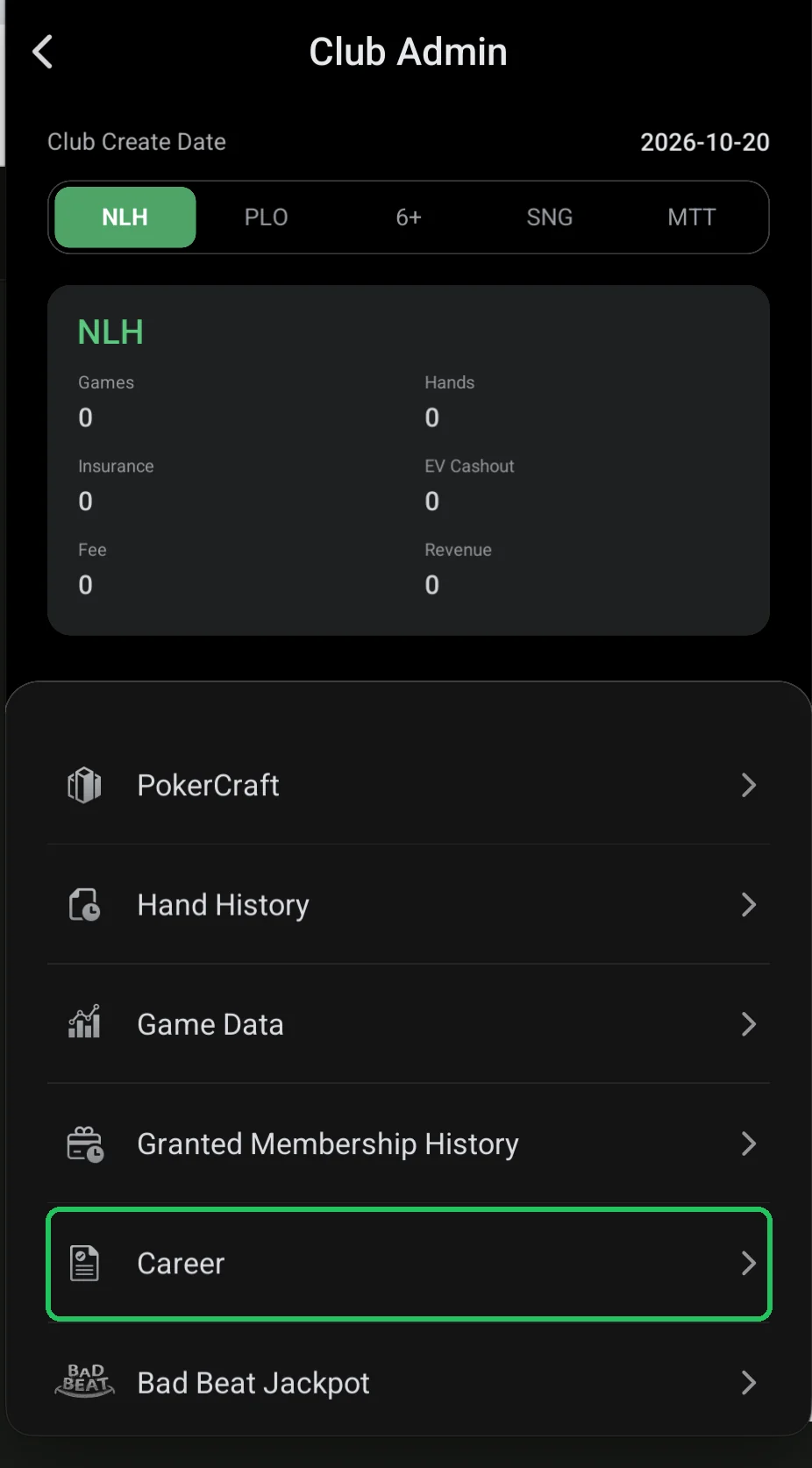 ClubGG: Club Admin: the Career item highlighted.