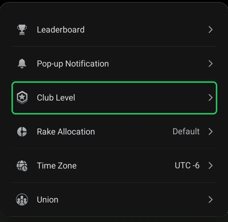 ClubGG: Club Admin: the Club Level item highlighted.