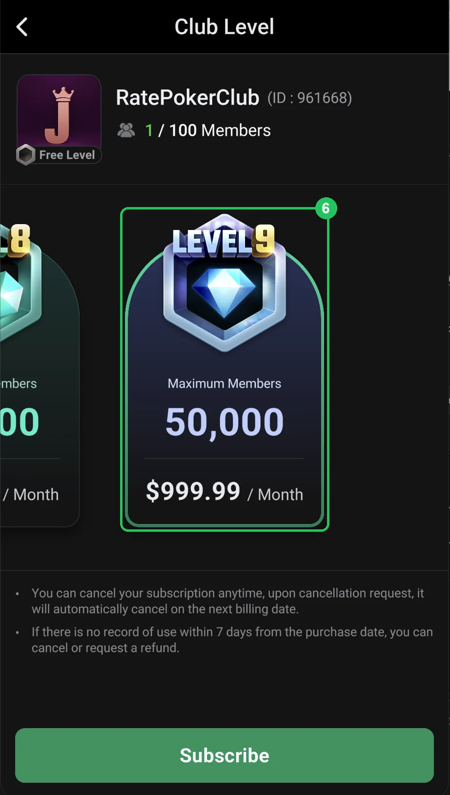 ClubGG: Level 9: 50,000 members for $999.99 a month.