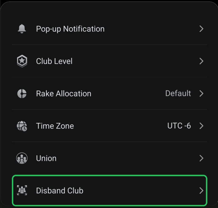 ClubGG: Club Admin: the Disband Club item highlighted.