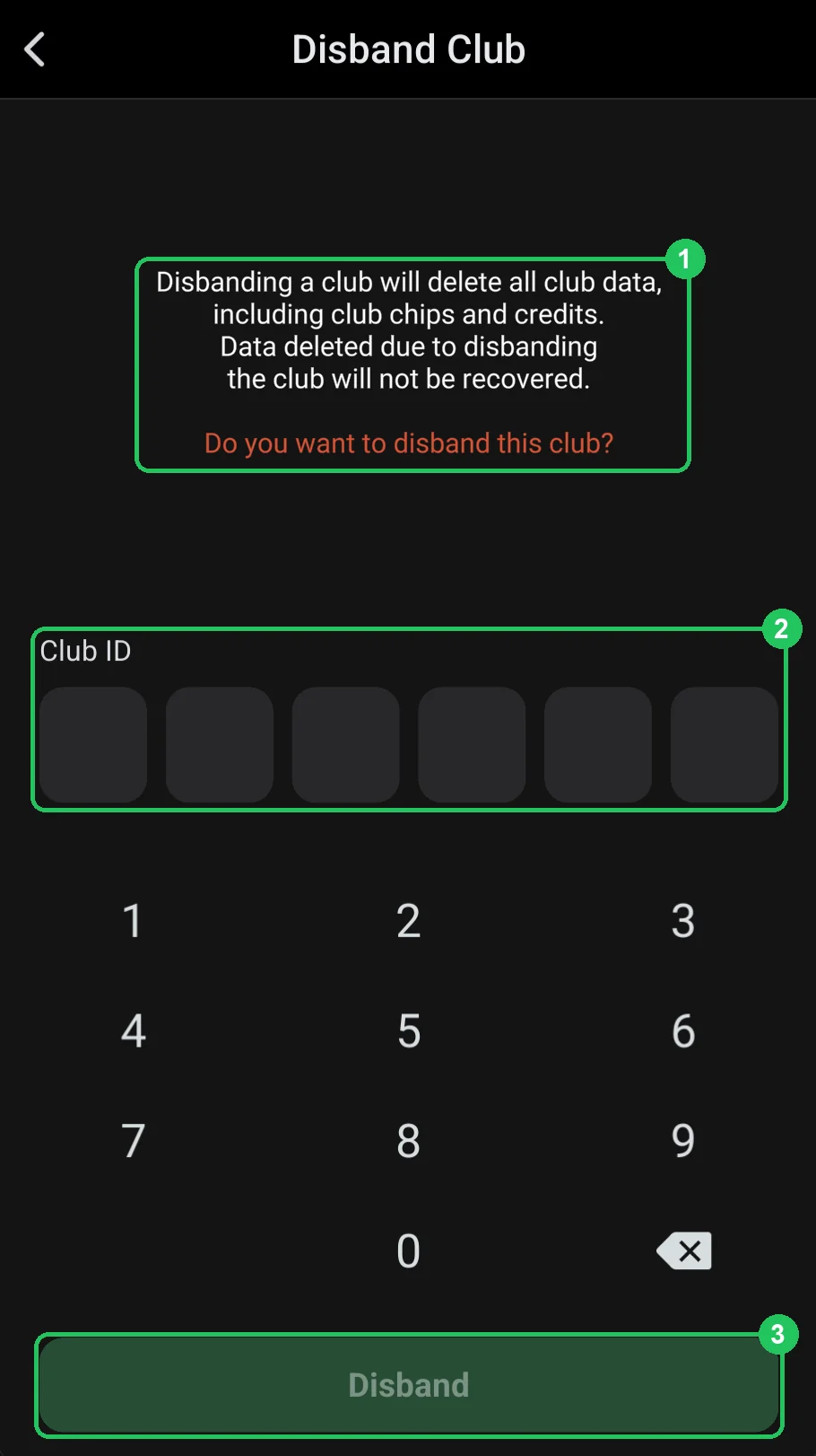 ClubGG: Disband Club: the warning, club ID entry and the Disband button.