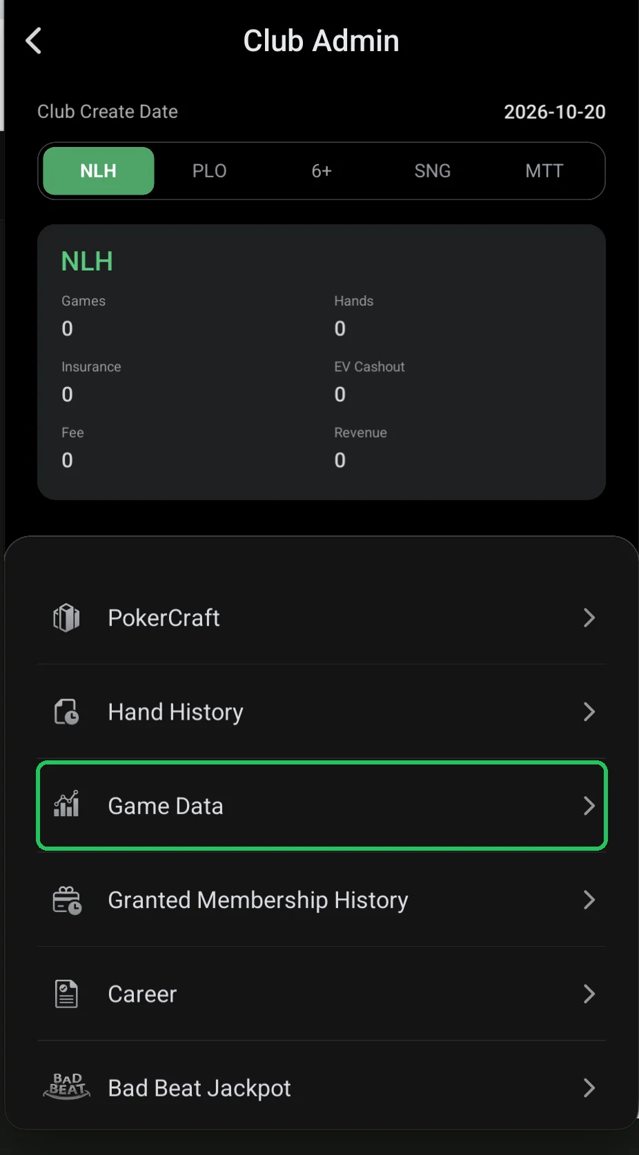 ClubGG: Club Admin: the Game Data item highlighted.