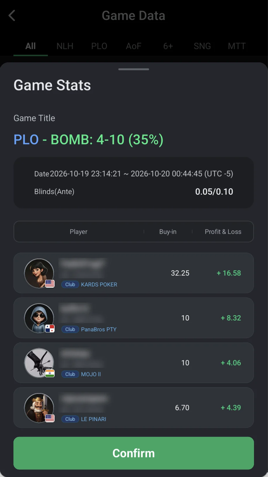 ClubGG: Game Stats: table players, buy-ins and results.