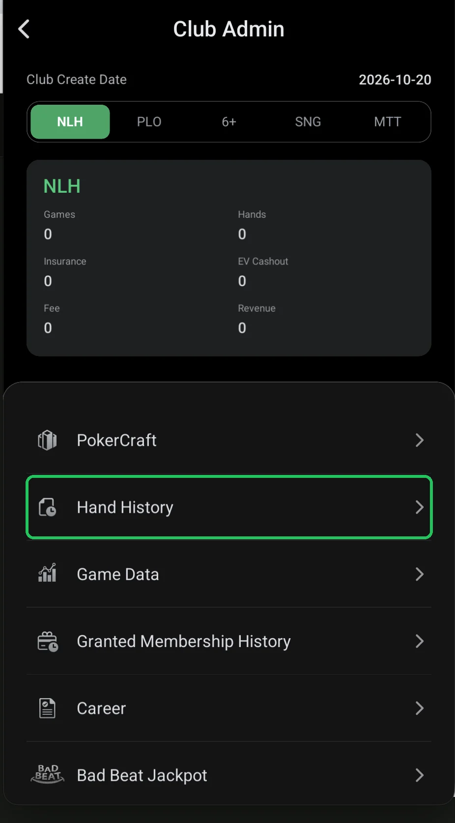 ClubGG: Club Admin: the Hand History item highlighted.