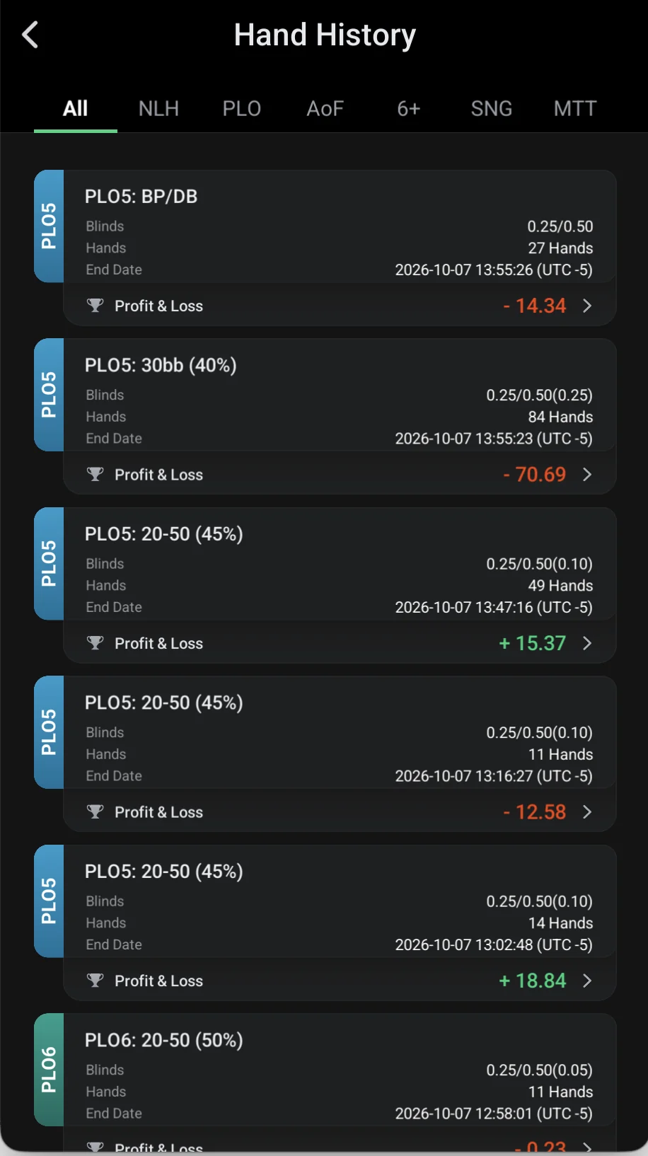ClubGG: Hand History: session list with results.