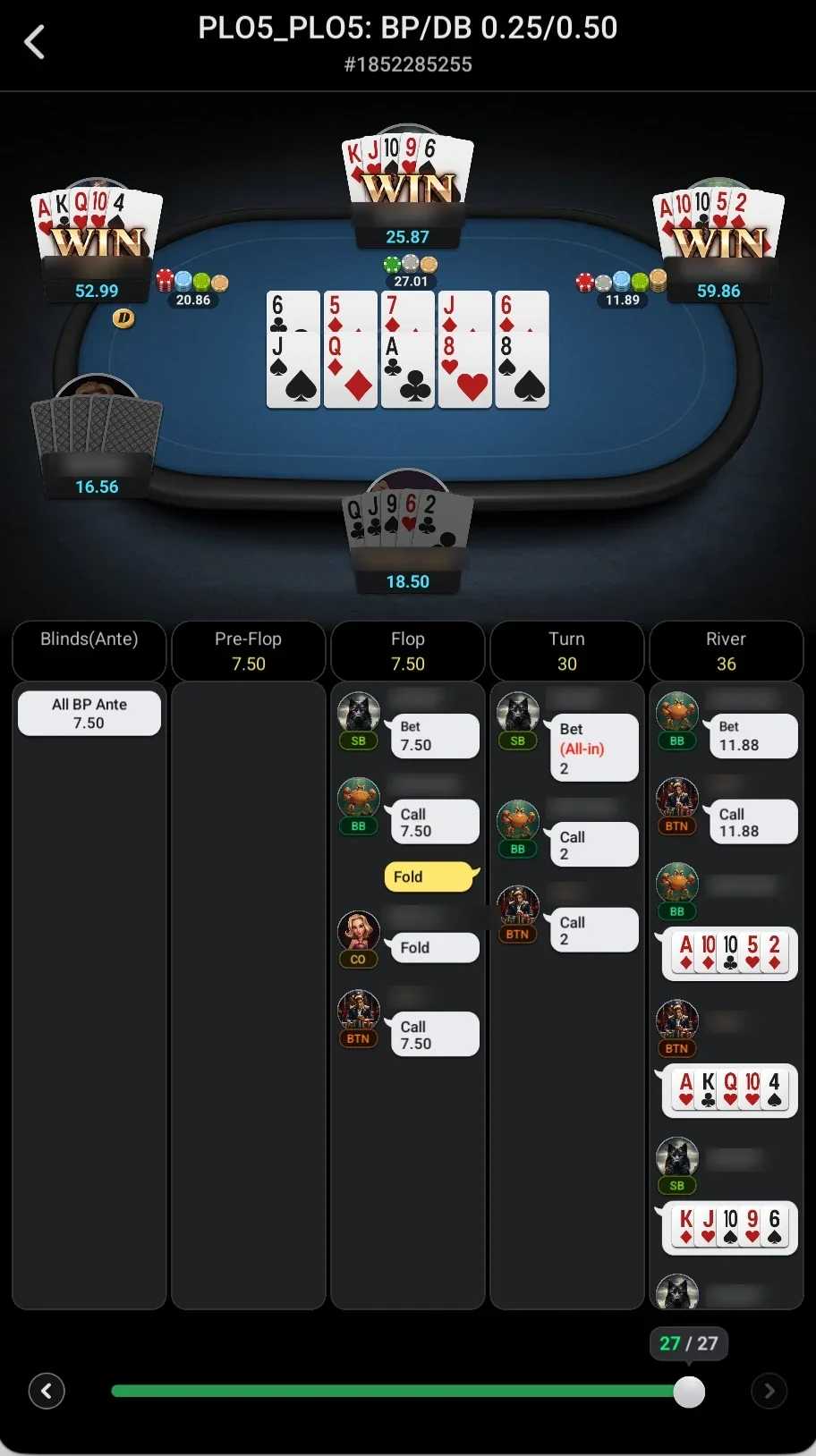 ClubGG: Hand replay: cards, board and actions by street.