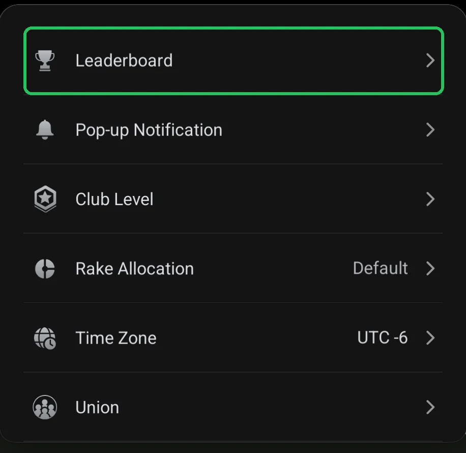 ClubGG: Club Admin: the Leaderboard item highlighted.