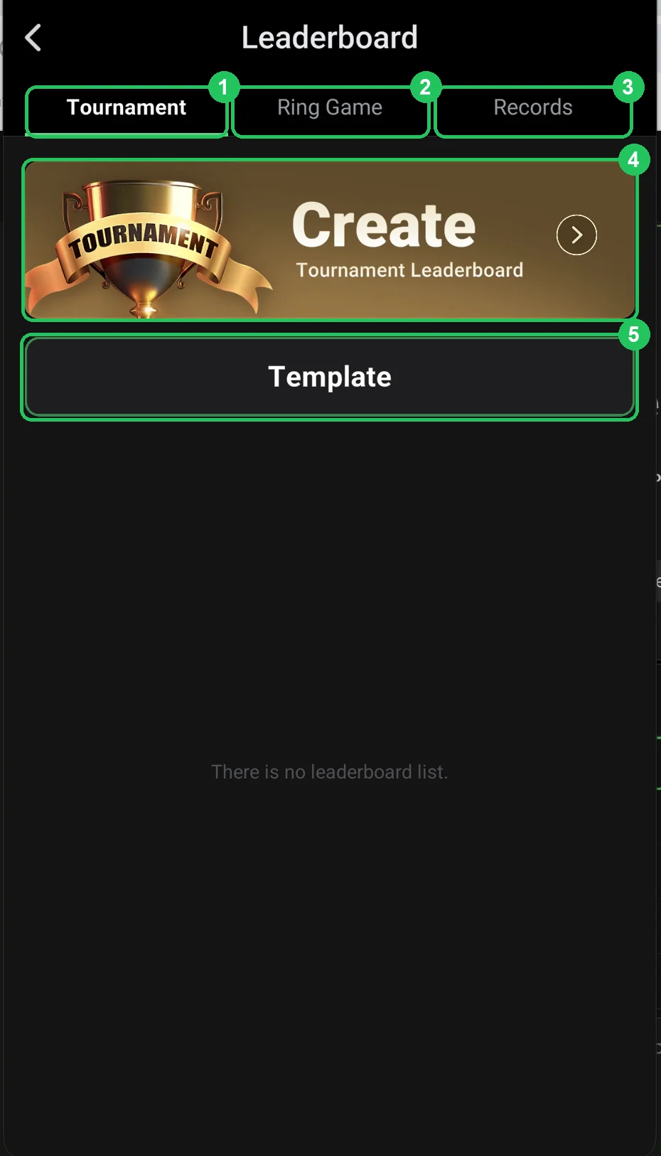 ClubGG: Leaderboard screen: Tournament, Ring Game and Records tabs and creating a leaderboard.