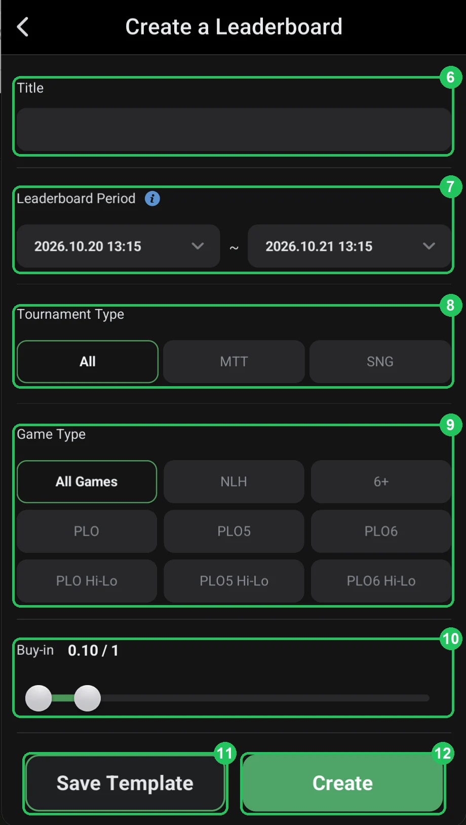 ClubGG: Tournament leaderboard: title, period, tournament type, games and buy-in.