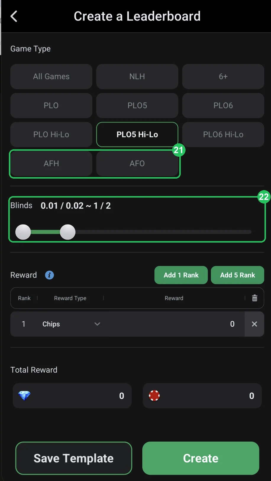 ClubGG: Cash leaderboard: AoF tables AFH and AFO and the blind range.