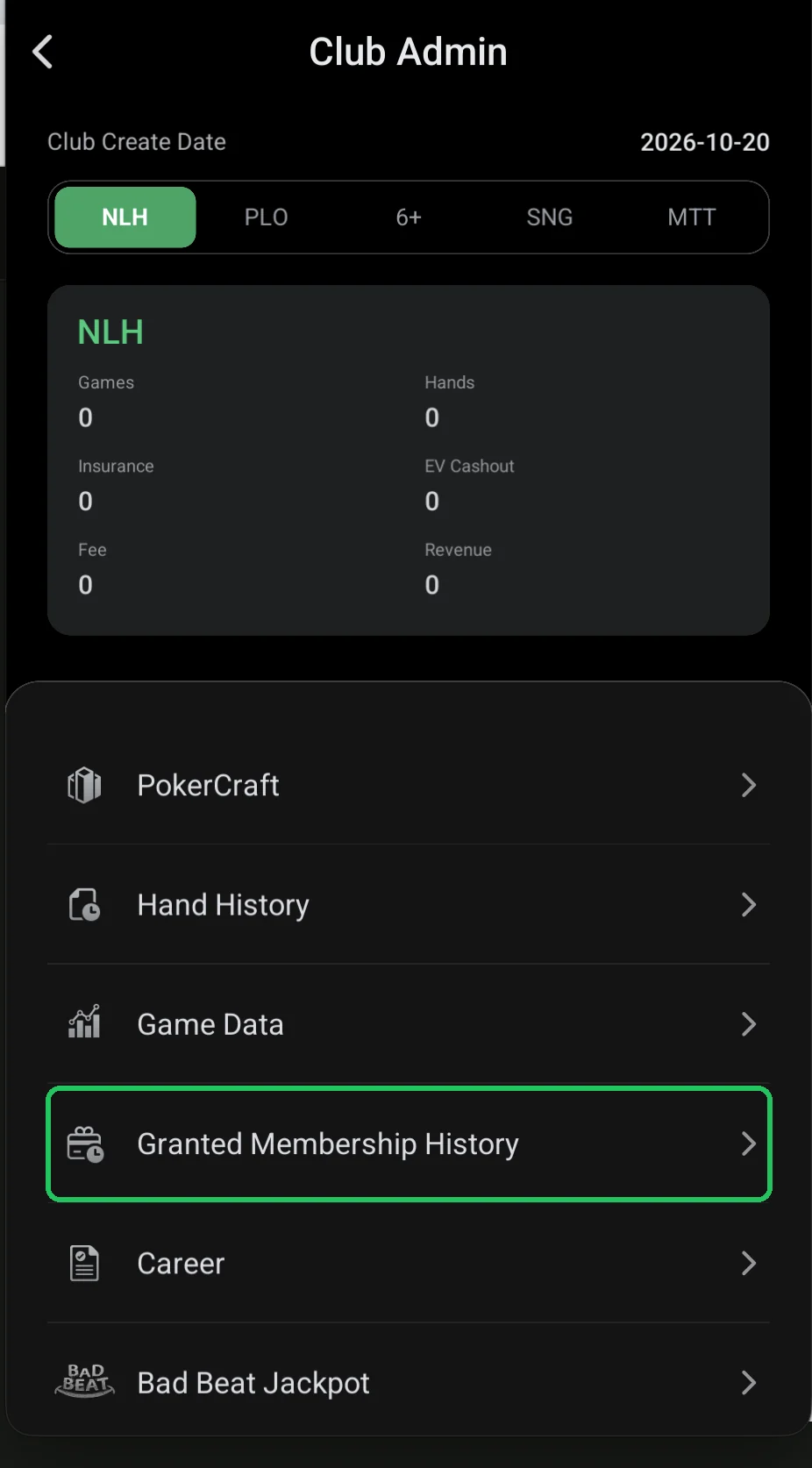 ClubGG: Club Admin: the Granted Membership History item highlighted.