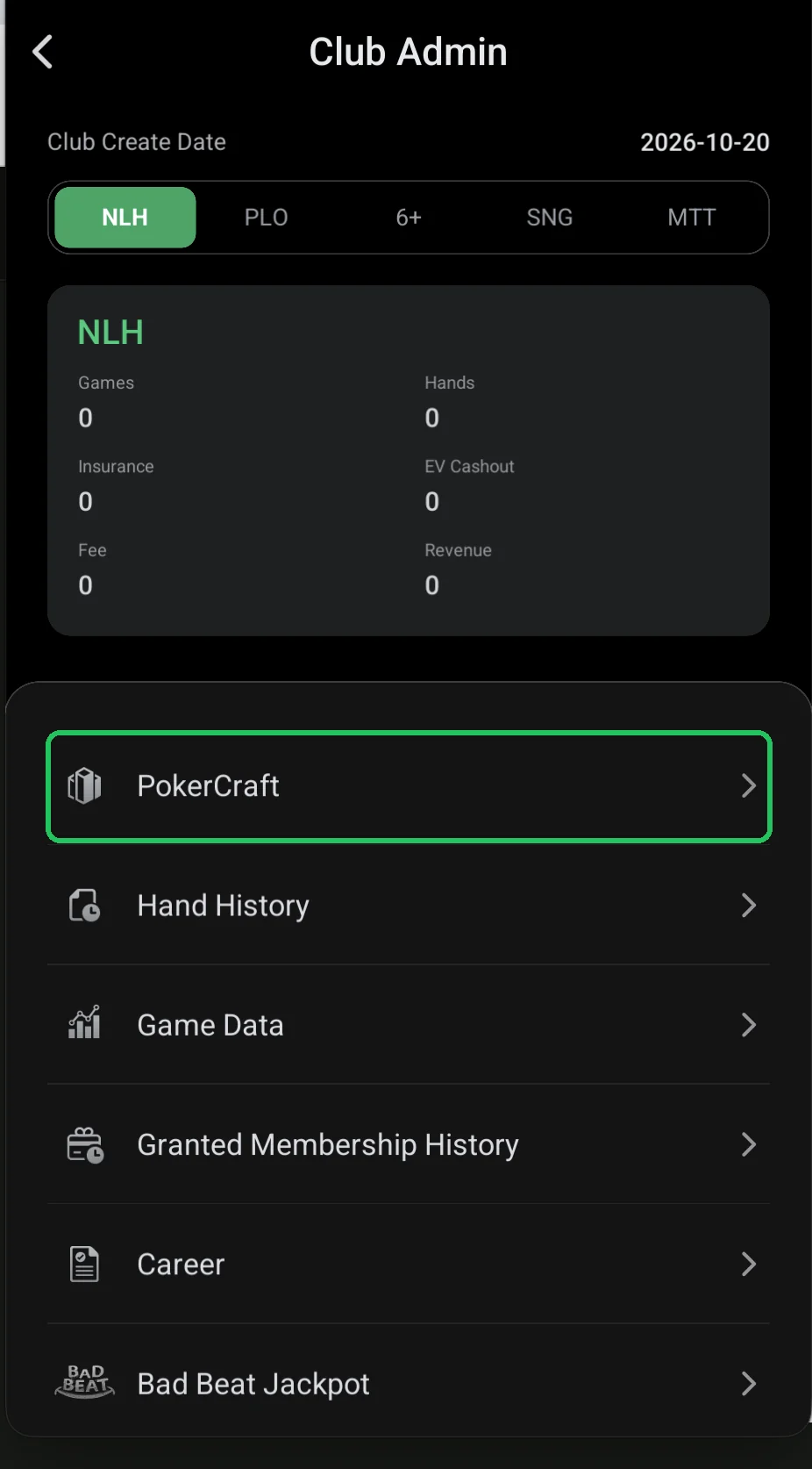 ClubGG: Club Admin: the PokerCraft item highlighted.