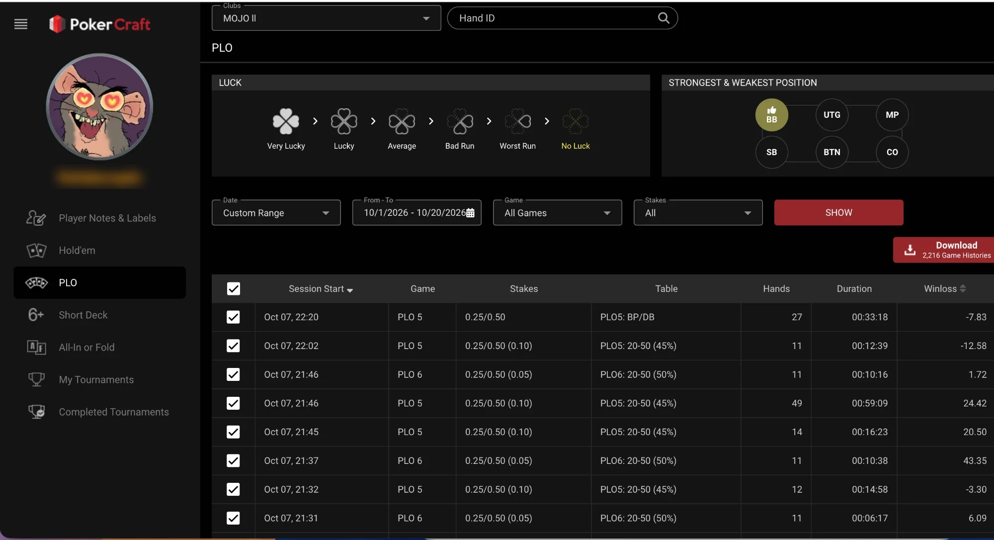 ClubGG: PokerCraft: PLO sessions, filters and the Download button.