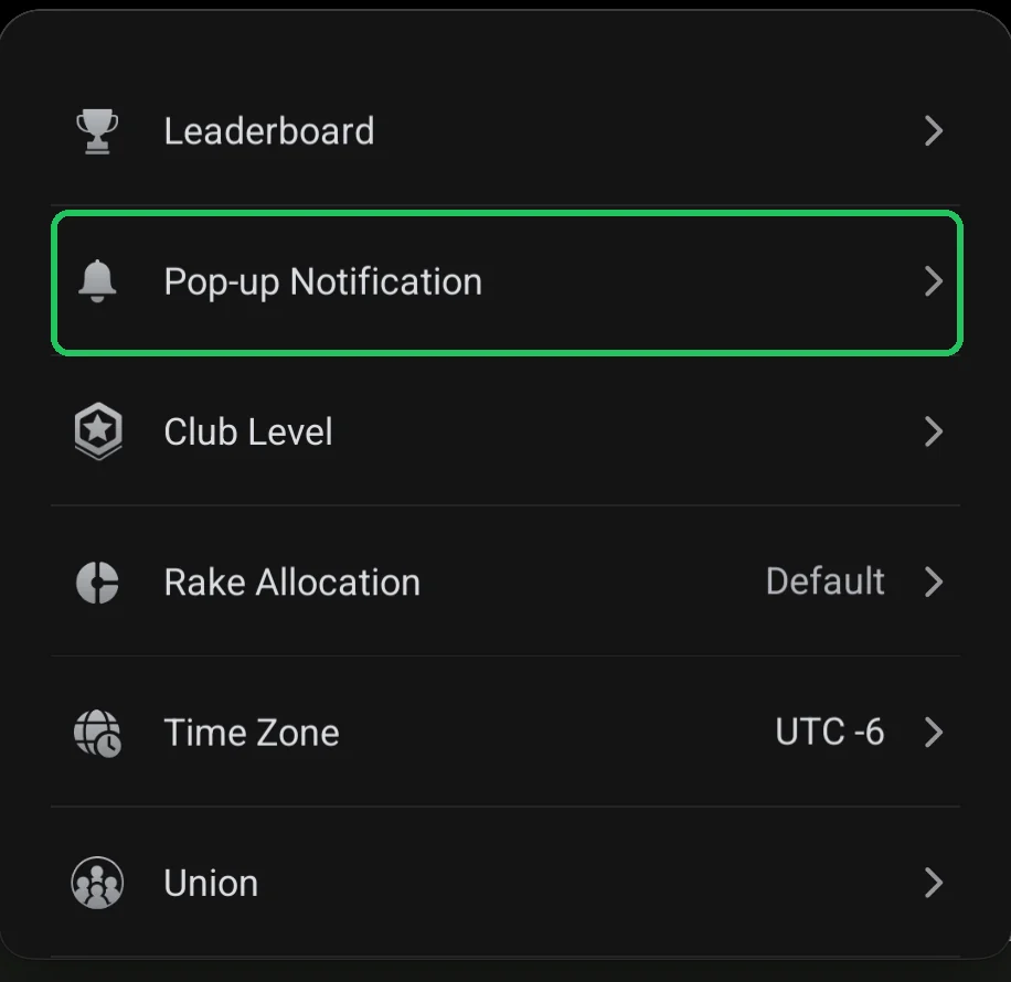 ClubGG: Club Admin: the Pop-up Notification item highlighted.