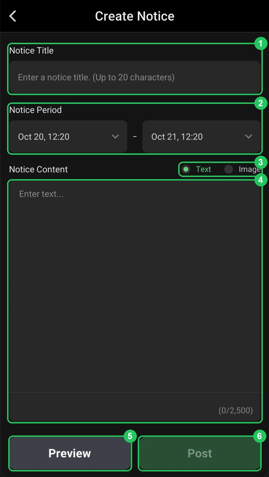 ClubGG: Create Notice: title, period and notice text.