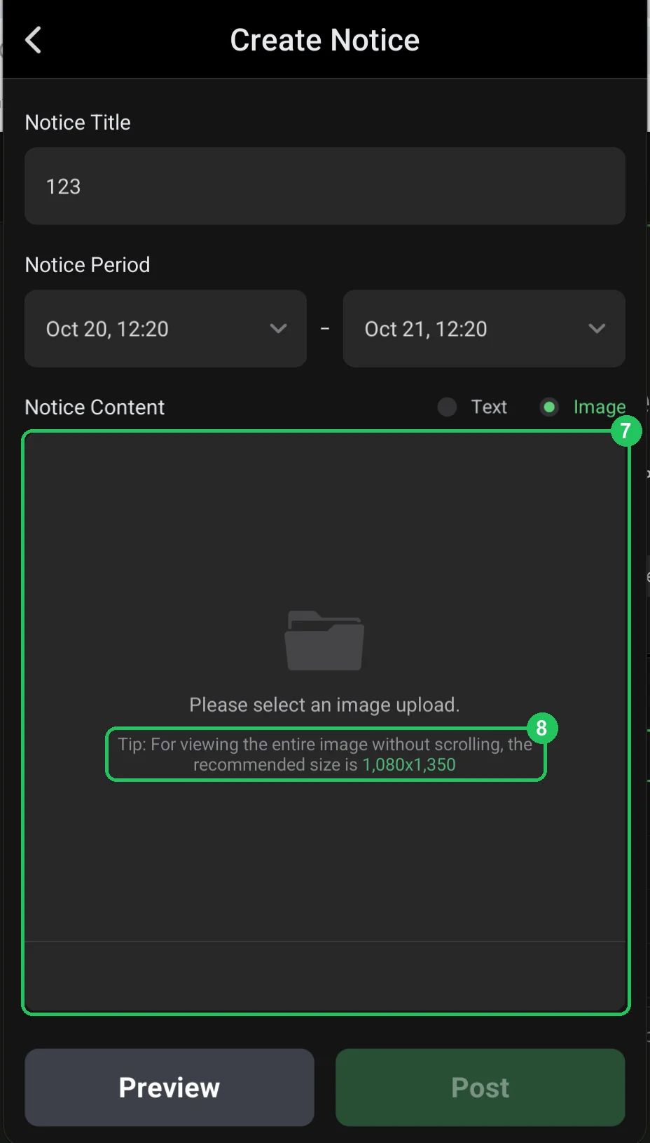 ClubGG: Create Notice: an image notice and the recommended 1080×1350 size.