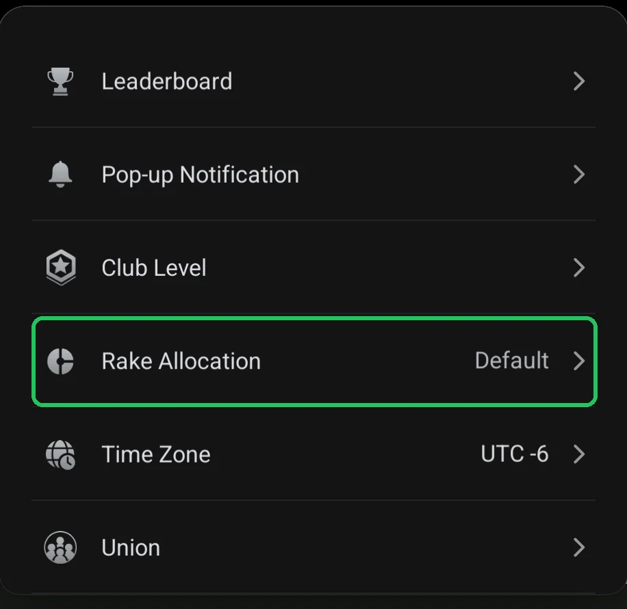 ClubGG: Club Admin: the Rake Allocation item highlighted.