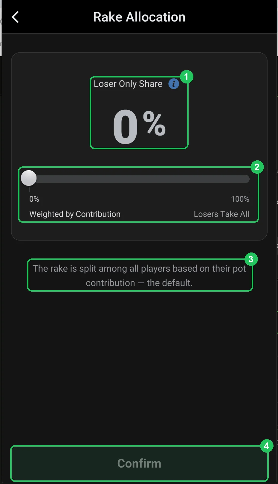 ClubGG: Rake Allocation: the Loser Only Share slider — from by contribution to losers only.
