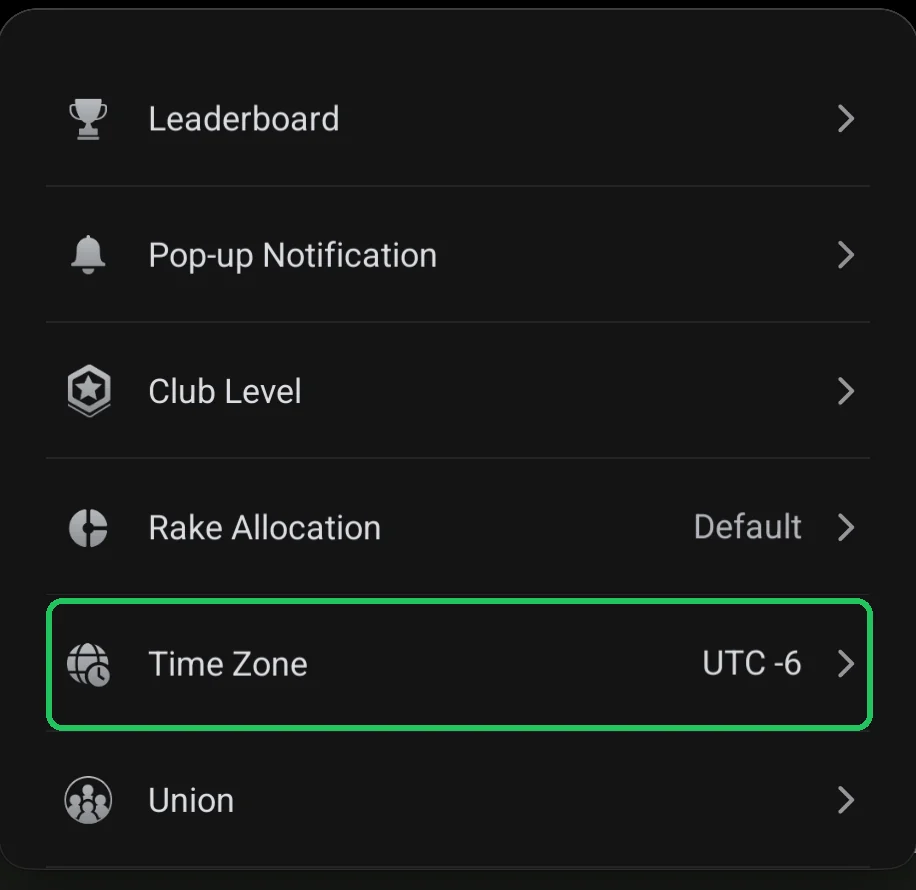 ClubGG: Club Admin: the Time Zone item highlighted.