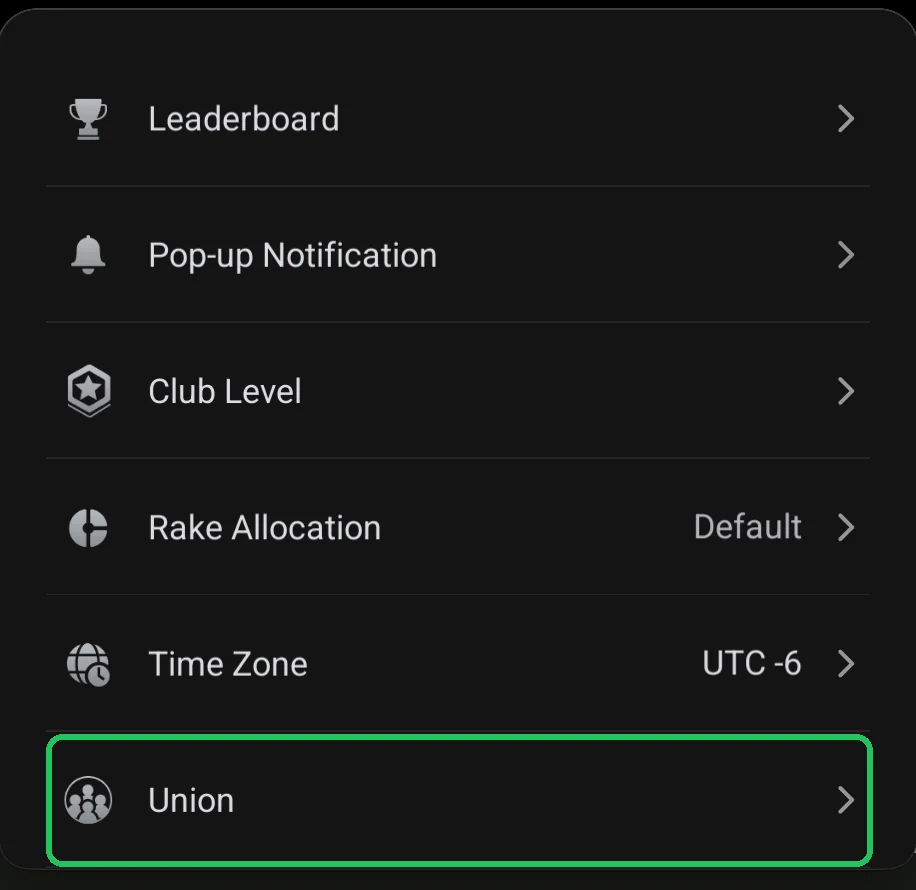 ClubGG: Club Admin: the Union item highlighted.