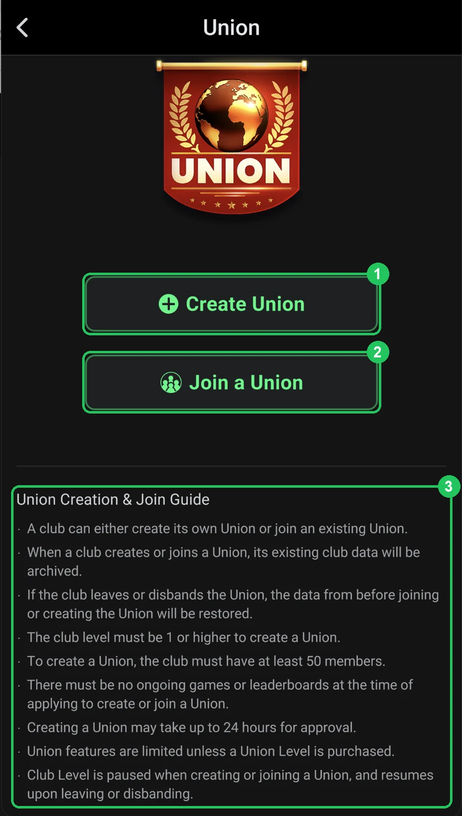 ClubGG: Union: Create Union, Join a Union and the terms for creating and joining.