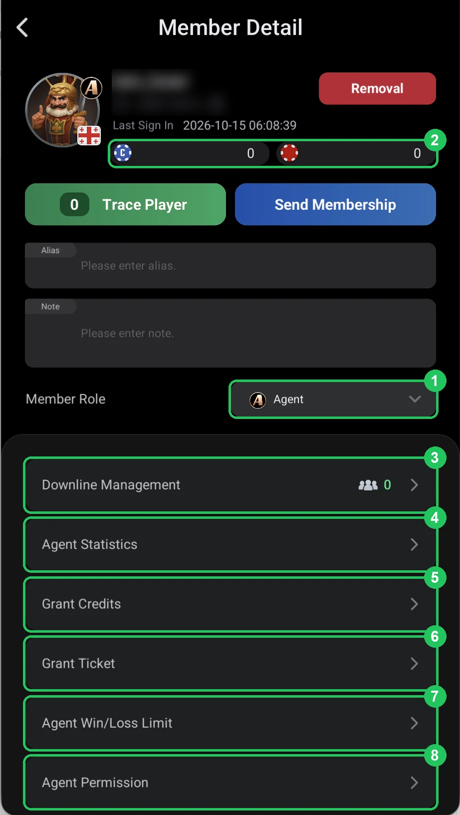 ClubGG: An agent’s Member Detail: the Agent role, credit and agent settings.