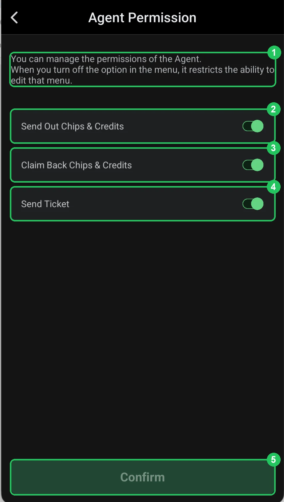 ClubGG: Agent Permission: sending out and claiming back chips and credit, sending tickets.