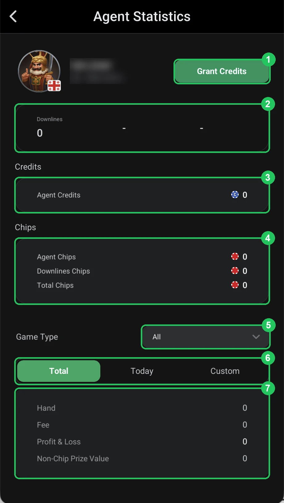 ClubGG: Agent Statistics: line players, the agent’s credit and chips, stats by game and period.