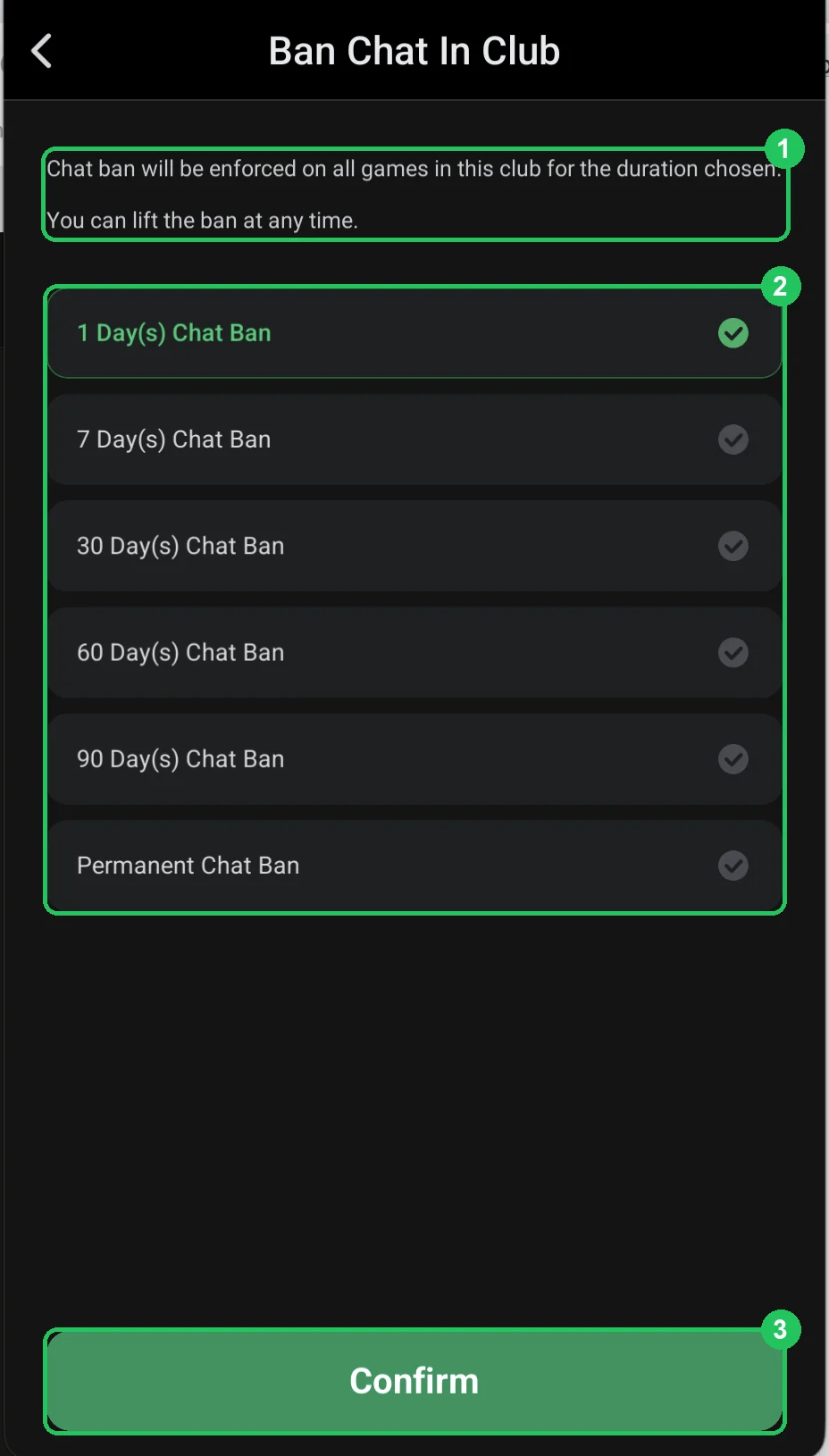 ClubGG: Ban Chat In Club: the ban period — from 1 day to permanent.