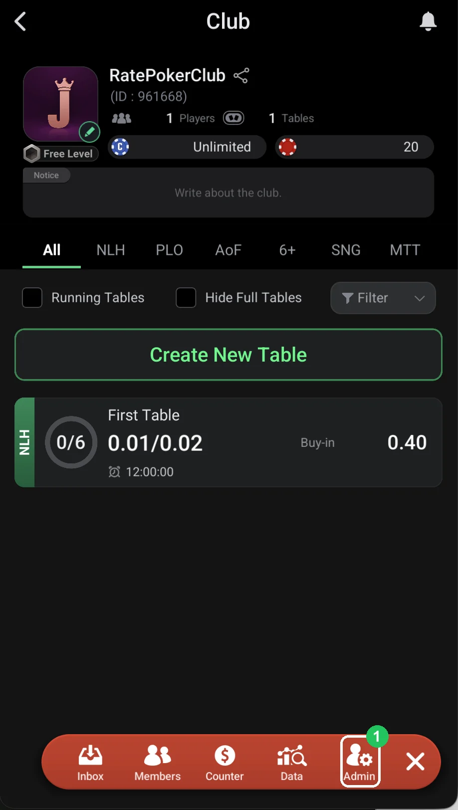 ClubGG: 1: club menu — the Admin button.