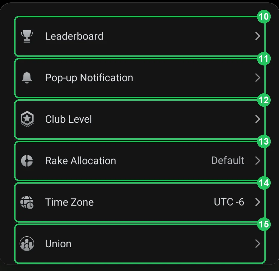 ClubGG: 10–15: leaderboards, notifications, level, rake, time zone, union.