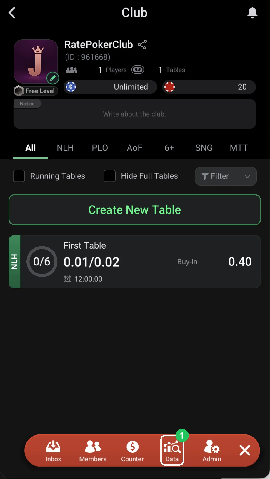 ClubGG: 1: club menu — the Data button.