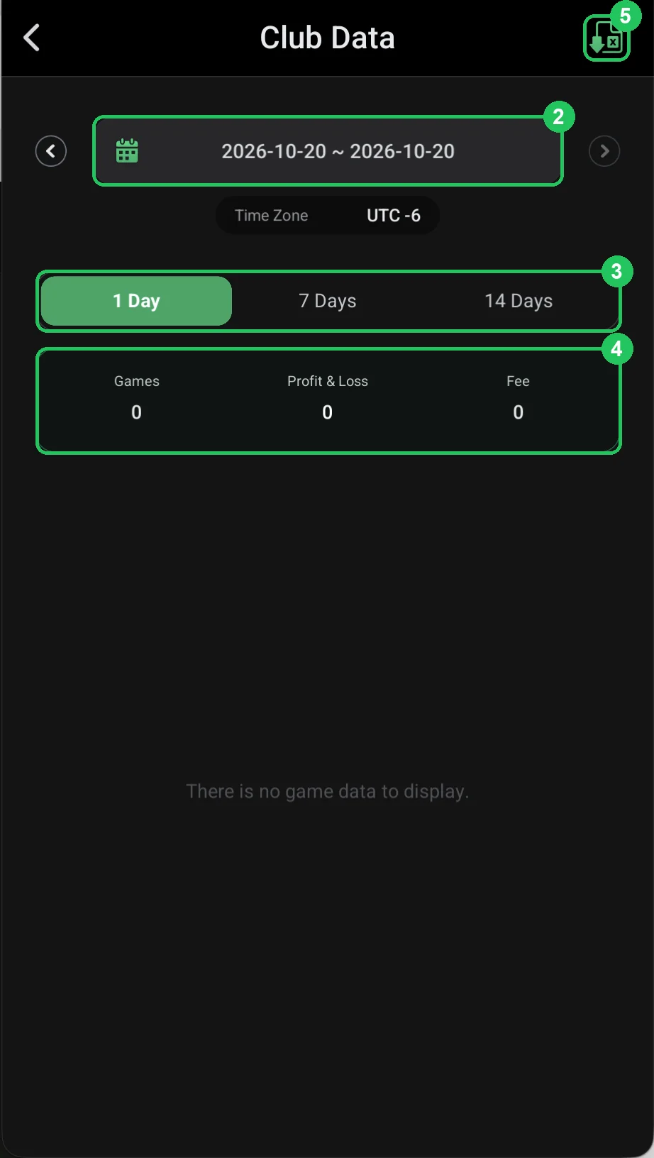 ClubGG: 2–5: club stats for a period and the export button.
